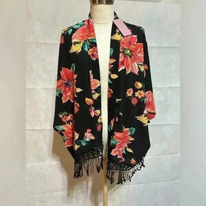 NEW Kimono Women’s Medium Black Multicolor Floral Fringe Maverick The Collection